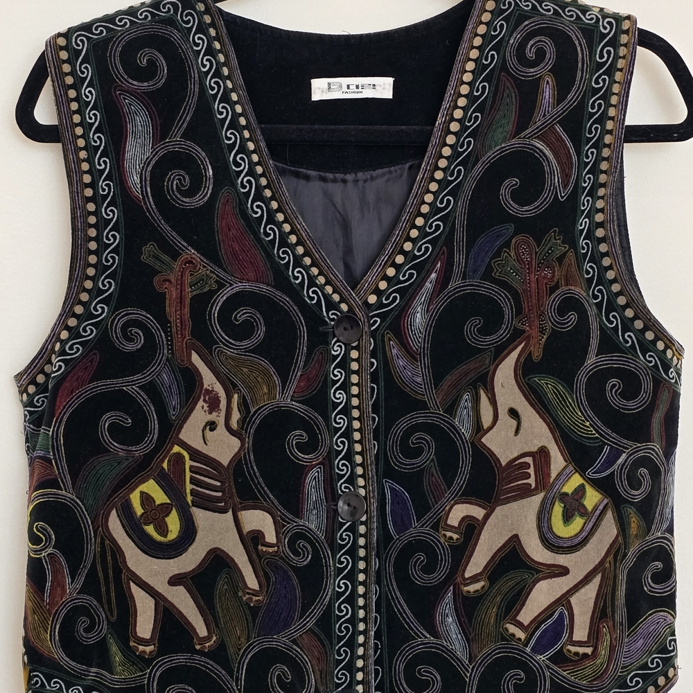 Vintage Black Vest with Elephant Design